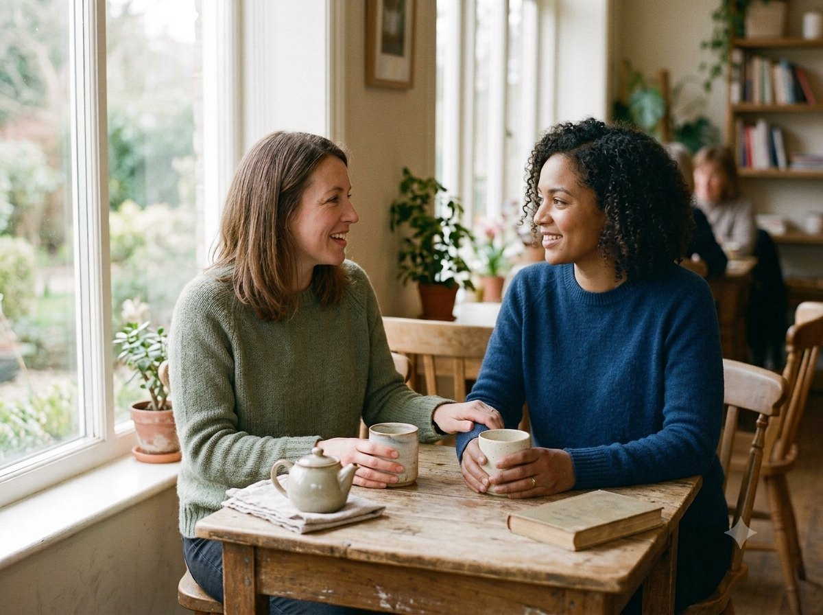 Two people sitting together over coffee, leaning into a warm, supportive conversation.